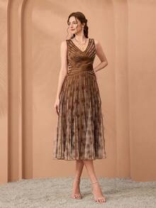 (No Fixed Pattern) V-Neck Print Mesh Drawstring High-Low Hem Formal Evening Dress - Coffee Brown - View 6