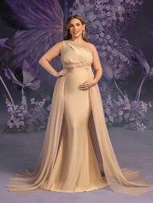 Faeriesty Dressalisa Elegant Plus 孕妇单肩无袖网眼覆盖连衣裙，适合夏春场合（婚礼嘉宾、正式晚宴、花园派对、孕妇写真、晚会） - 香檳色 - 查看 7