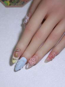 Multiple Color 3D Hand Carved Flowers Pattern 100% Handmade Press On Nails 10Pcs Almond French Style Nail Art Design Manual Nails With Star Water Ripple Nail Decoration Reusable False Nail Tips Diy Nail Products For Four Seasons Nail Supplies Nails - Multicolor - View 6