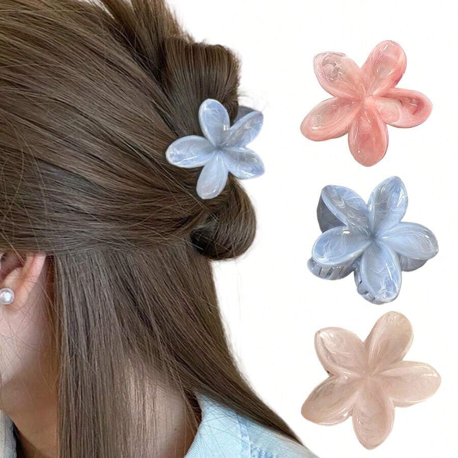 3 件夏季扎染鸡蛋花发夹，带齿，防滑防损伤，适合日常、派对、度假发髻、马尾辫必备，清新甜美的度假风格，简约时尚的配饰发饰时尚发夹 - 彩色 - 查看 1