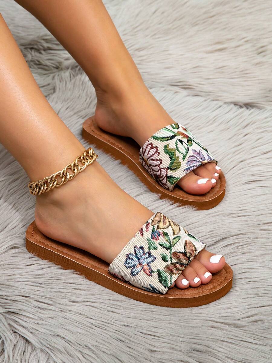 Women's Retro Ditsy Floral Flat Slippers, Suitable For All Seasons, Fashionable And Vintage, Cute And Suitable For Beach Vacation, Valentine's Day Date, Urban Stroll And Other Occasions. Brown-Green, Beige Indoor Flat Slippers With Bohemian, Exotic, Exquisite Art Style, Sweet, Lightweight And Breathable, Easy To Wear. Brown, Beige, Pink Women's Flat Sandals, Indoor Shoes. - Multicolor - View 1