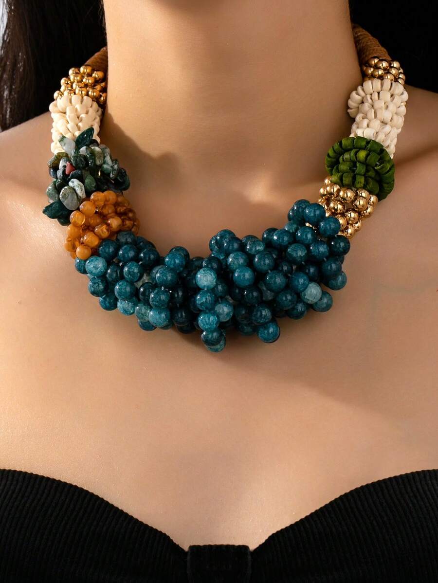 Boho Stil Mode handgemachte Perlen Maxi Halskette mit zerbrochenem Kristall, geeignet für Frauen Partys, Abendveranstaltungen, Urlaub und Alltagsoutfit, perfektes Geschenk für Mutter, Freundin