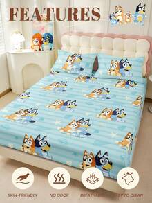 Bluey 1pc  Fitted Sheet, Bedding, Double Bed Sheets Set, Home Decor, Mattress Protector, Bed Cover, Cozy Home Textile, Breathable And Anti-Pilling Mattress Protector, Cartoon Pattern Bed Cover, Cute Home Decoration, Fits For All Size Beds - Dusty Blue - View 5