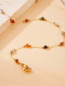 [Elegant Minimalist Fashion Women Bracelet] Vintage Elegant Stainless Steel Bracelet With Colorful Synthetic Cubic Zirconia Beads, Suitable For Women - Minimalist Fashion Non-Fading Accessory, Suitable For Daily And Party Occasions, Random Color Arrangement - Multicolor - View 3