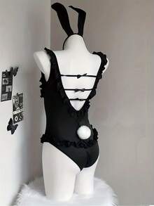 一套（连体衣*1 + 头带*1）性感兔女郎内衣，可爱女仆露裆连体衣服装礼物，兔女郎角色扮演服装，黑白蝴蝶结兔女郎角色扮演服装，舞台表演服装，适合化装舞会、酒吧派对、夜店穿着、派对角色扮演、万圣节、派对礼服