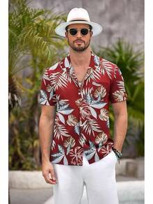 Mens Hawaiian Shirt Short Sleeve Floral Button Down Shirts Tropical Summer Beach Shirts Camp Collar Shirthalloween - 紅葉 - 查看 7