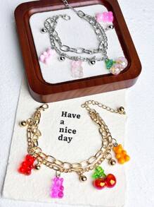 1 peça de pulseira com pingentes de urso de dopamina, com decoração de cereja e dupla camada, para mulheres, adequada para férias, festas, uso diário, acessório de pulseira com corrente de resina e metal