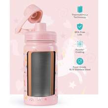 2 Pack Insulated Kids Water Bottle,  14oz Stainless Steel Water Bottles With  Straw Lid, -FREE Lead-Free Double Wall Leak Proof Drink Cups Flask For School (Blue Car +Blue Dinosaur) - 粉色 - 查看 4