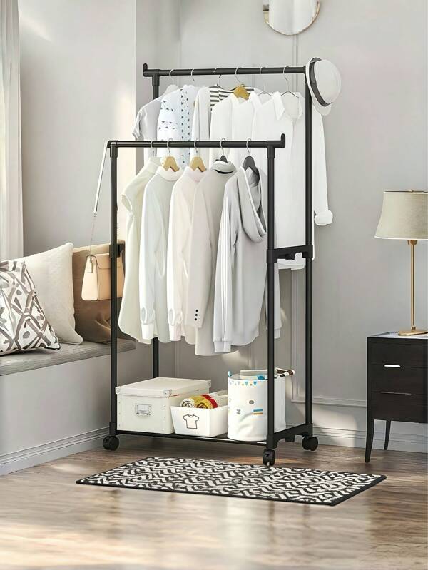 Floor Coat Rack For Clothing Storage, Hanging Rack For Bedroom, Balcony, Living Room, Storage Of Clothes, Pants, Bathrobes, Single Pole, Double Pole, Floor Type, 360 Degree Rotation, With Wheels, Black, Room Decoration Rack, Storage Rack, Shelf, Shoe Storage Rack