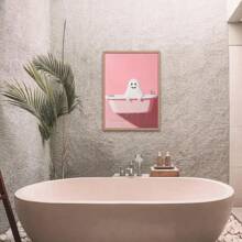 1 pièce de canevas d'art de salle de bain sans cadre avec des fantômes mignons, impression de canevas d'Halloween rose amusante, décoration murale d'Halloween rose effrayante, décoration d'Halloween vintage amusante (cadre en option)
