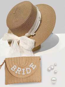 个性化字母珍珠装饰编织手提包/帽子，定制沙滩包，旅行钱包，太阳帽，单身派对、婚礼礼物 - 彩色 - 查看 4