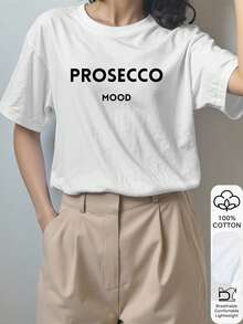 PROSECCO字母印花100%纯棉短袖T恤，女士夏季T恤，图案T恤，休闲夏季穿搭，纯棉T恤，夏季上衣，印花设计，女士夏季T恤，上衣，夏季服装，度假装，旅行装，沙滩风，简约度假服饰 - 白色 - 查看 3