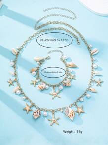 2 Pcs/Set Women Fashion Starfish Seashell Pearl Waist Chain, Bracelet Beach Vacation Bikini Body Accessory, Exaggerated Sexy Waist Decoration Suit With Ocean Elements