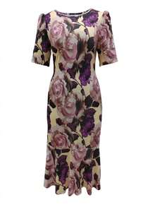 Đầm nữ kiểu retro in hoa, xếp ly ở gấu, chất liệu vải dệt kim mùa hè, cổ tròn, pha polyester spandex. - Màu tím - Xem 2