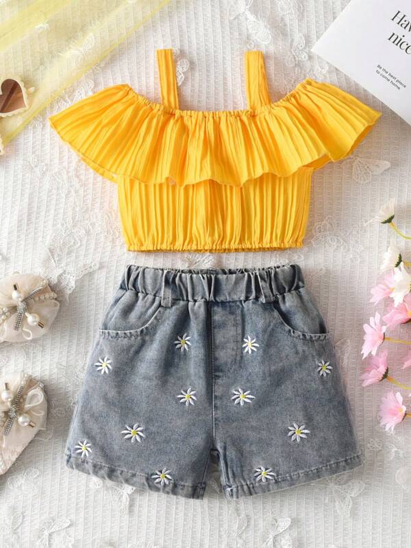 Conjunto de Shorts Denim com Bordado de Margaridas com Ombros À Mostra Amarelo para Meninas Jovens
