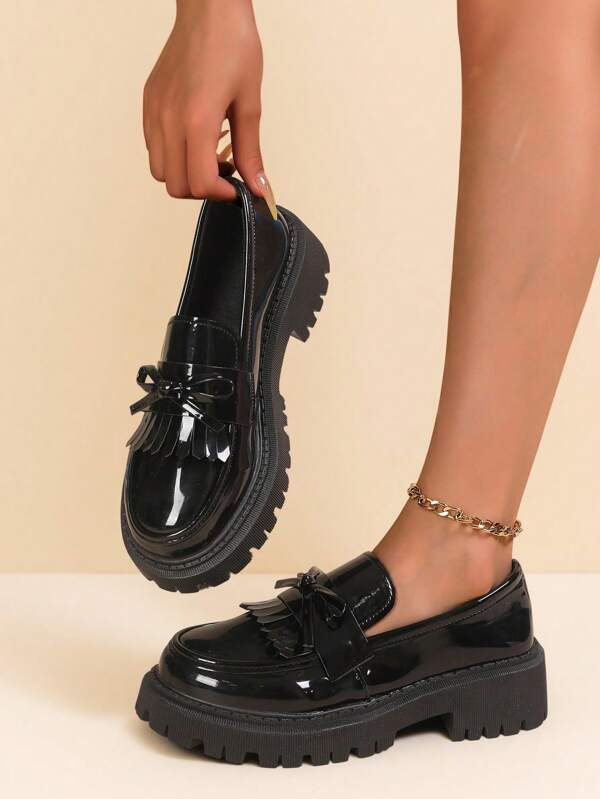 Girl S Retro Bow Flat Shoes - Breathable Loafers With Thick Cushioned Sole, Round Toe Comfortable Flats In Black.