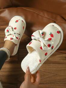 Strawberry & Bow Decor Plush Home Slippers, Suitable For Indoor Office Wear All Seasons - Beige - View 1