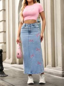 春夏休闲时尚优雅日常旅行机场休闲牛仔蝴蝶刺绣开衩洗水牛仔直筒A字中长牛仔裙 - 藍色 - 查看 6