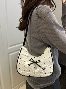 1 件夏季新款蝴蝶结心形装饰单肩女式手提包，时尚购物斜挎包，可爱蝴蝶结女包 - 白色 - 查看 5