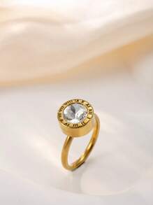 1 pieza Anillo de acero inoxidable chapado en oro de 18k con diamantes para mujer, accesorio elegante y de moda adecuado para uso diario, vacaciones, citas, regalo