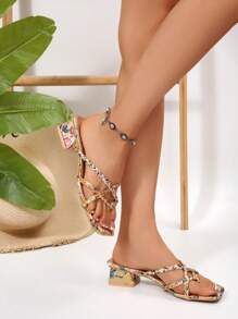 New Women Thick Heel Sandals Summer Beige Floral Thong Outdoor Mid Heel Versatile Fashion Slippers