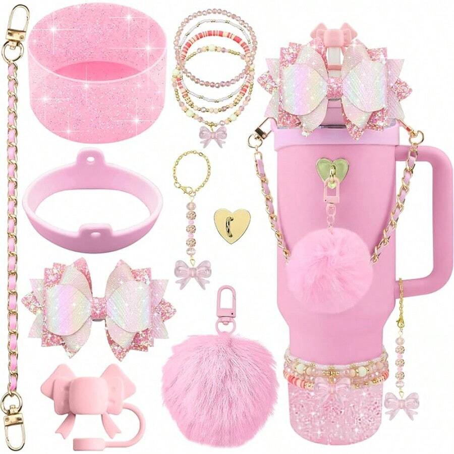 11PCS Complete Tumbler Accessories Set, Ultimate Value Pack With Full Protection & Decor, All-In-One Kit - 1 粉紅色 - 查看 1