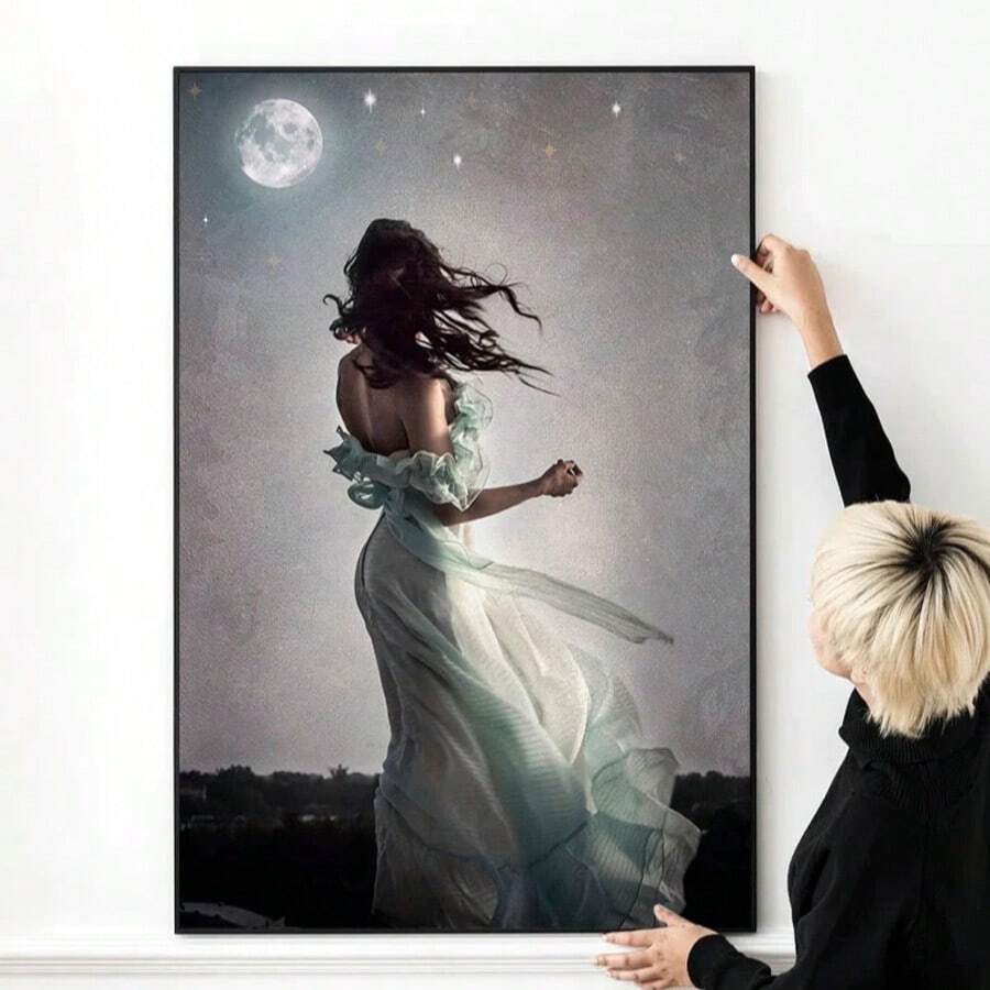 1 Pc Woman And The Moon Photo Poster, Girl'S Room Art,Bedroom, H2 Pcs Woman And The Moon Photo Poster, Girl'S Room Art,Bedroom, Home Decor, Posters Perfect For Room Decoration, Suitable For Bedroom, Living Room, Dorm Decoration - Multicolor - View 1