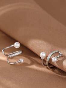 1 Pair Minimalist Fashionable Dual-Layer Zirconia Pearl Clip-On Earrings, Geometric Ear Cuff Non-Pierced High-End Design, Versatile Elegant Style Earrings For Women, Suitable For Everyday Wear, Summer And Beach