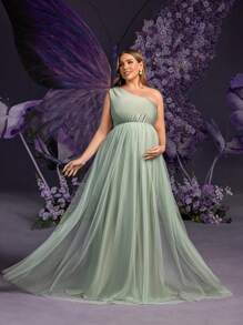 Faeriesty Dressalisa 优雅加大孕妇单肩不对称领口无袖网眼覆盖连衣裙，适合夏春场合（婚礼嘉宾、正式晚宴、花园派对、孕妇写真、晚会）