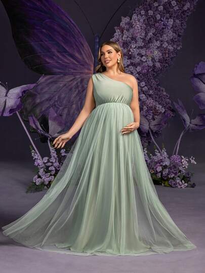 Faeriesty Dressalisa 优雅加大孕妇单肩不对称领口无袖网眼覆盖连衣裙，适合夏春场合（婚礼嘉宾、正式晚宴、花园派对、孕妇写真、晚会）