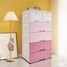 CNCEST Modern 6-Drawer Plastic Storage Cabinet Dresser Organizer | Sturdy Closet Drawers With Locks & Wheels | Tall Dresser Organizer For Bedroom, Kids Room (Gradient Blue/White/Gradient Pink) - 粉紅和白色 - 查看 3