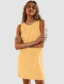 UEU Womens Summer Sleeveless Linen Dress Casual Crew Neck Open Back Short Sundress With Pockets - Purple - View 8