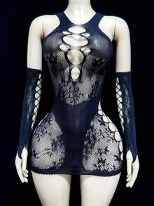 Sexy Black Lace Tight-Fitting Sleeve Dress, Hollowed-Out Design, Solid Color, Suitable For Romantic Date Night