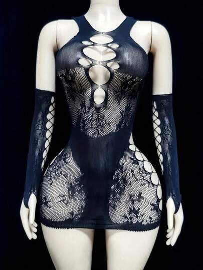 Sexy Black Lace Tight-Fitting Sleeve Dress, Hollowed-Out Design, Solid Color, Suitable For Romantic Date Night