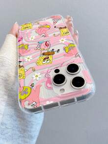 SpongeBob SquarePants 1pc Minimalist Pink Wave Pattern Sponge Painted Anti-Drop Transparent Phone Case Compatible With Samsung/Apple 11/12/12promax/14promax/15/15Pro/16/16promax And Other Models - Multicolor - View 2