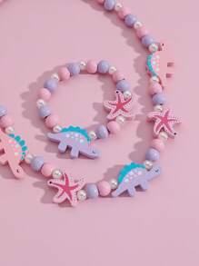 1 colar + 1 pulseira com lindos desenhos de dinossauro e estrela do mar, conjunto de joias com contas de madeira, adequado para uso diário, presente de aniversário