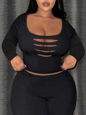 LovelyWholesale 大码女式纯色方领做旧长袖T恤，春夏