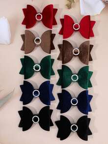 2个/10个装天鹅绒蝴蝶结发夹，适合幼儿女孩，圆形水钻装饰发夹，鳄鱼夹，儿童青少年发饰，秋冬季发夹（深绿色/黑色/酒红色/豹纹/海军蓝/棕色）
