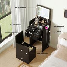 VOWNER 3 In 1 Makeup Vanity Desk With Flip Top Mirror, 19" Compact  Vanity Table With Visible Glass Desktop & Power Outlet, 3 Color Modes, Come With 3 Drawers & Storage Stool, Bedroom Small Vanity Set For Grils Women, Gifts For Christmas - Xem 2