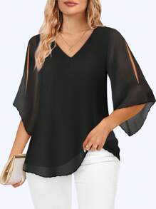 CheersLife Women Plus Size Ruffle 3/4 Sleeve V Neck Double Layers Mesh Blouses Loose Fit Flowy Tunic Tops