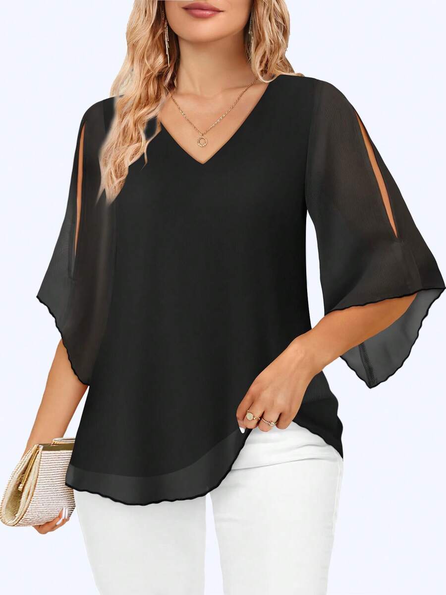 CheersLife Women Plus Size Ruffle 3/4 Sleeve V Neck Double Layers Mesh Blouses Loose Fit Flowy Tunic Tops