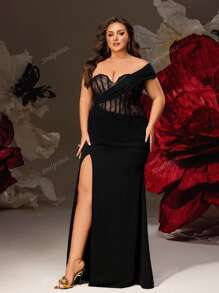 Elegante abito da sera lungo con spacco alto e drappeggio monospalla in pizzo nero taglie comode, abito da sera formale e sexy per donna, abito da sera di lusso lungo per donna, abito da sposa elegante per sera, abito elegante per occasioni formali, abito elegante per eventi, abito da sposa di lusso, abito da festa, per invitati a matrimoni