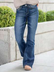 女士休闲高腰修身喇叭牛仔裤，带口袋，百搭 - 深色水洗藍 - 查看 4