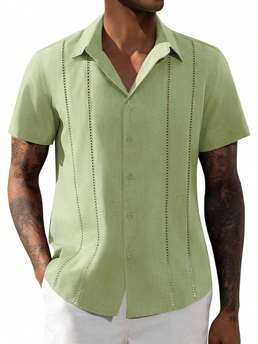 Mens Linen Short Sleeve Shirt Cuban Guayabera Button Down Casual Summer Beach Vacation Wedding Shirthalloween - 草綠色 - 查看 1