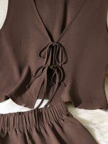 2件套纯色休闲打结设计女装，春夏