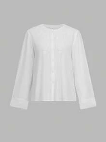 Camicia a maniche lunghe di colore solido Look Polly per donna, casual monopetto alla moda, abiti da donna bianchi per l'autunno, magliette con grafica ricamata, abbigliamento per il ritorno a scuola, stile "old money" per outfit da donna bianchi per feste - Bianco - Visualizzare 3