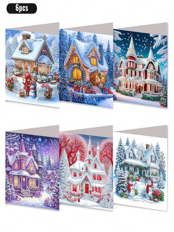 6pcs/Set New Year & Christmas Diamond Painting Greeting Cards, DIY Unique Diamond Drawing Craft Cards Set With 6 Envelopes, Quality Craft Paper Material, Handmade Postcard, Suitable For Christmas, New Year Gifts To Express Warm And Best Wishes
