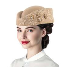 1pc Vintage European British Wool Felt Headdress Hat, Women's Church Derby Headpiece With Floral Decoration, Soft Beret Cap, High-End Stewardess Hat Suitable For Cosplay, Theme Party, Online Influencer Props