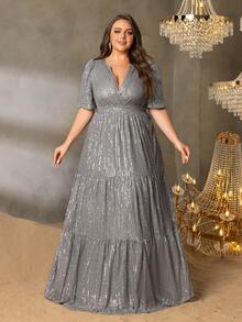 Faeriesty Curve Plus 优雅大码礼服：迷人的深 V 领口、优雅的短袖和塑形 A 字裙 - 非常适合盛大婚礼、华丽庆典、著名颁奖典礼、慈善晚会、歌剧开幕式