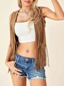 Women's Boho Hippie Chic Waistcoat Vest Ultra Lightweight Solid Hue Open Front Sleeveless Jacket Adorned With Tassels  Streetwear Layering - 土黃色 - 查看 3